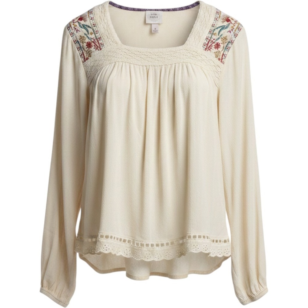 Knox Rose Cream Boho Embroidered Lace Trim Long Sleeve Peasant Blouse Medium